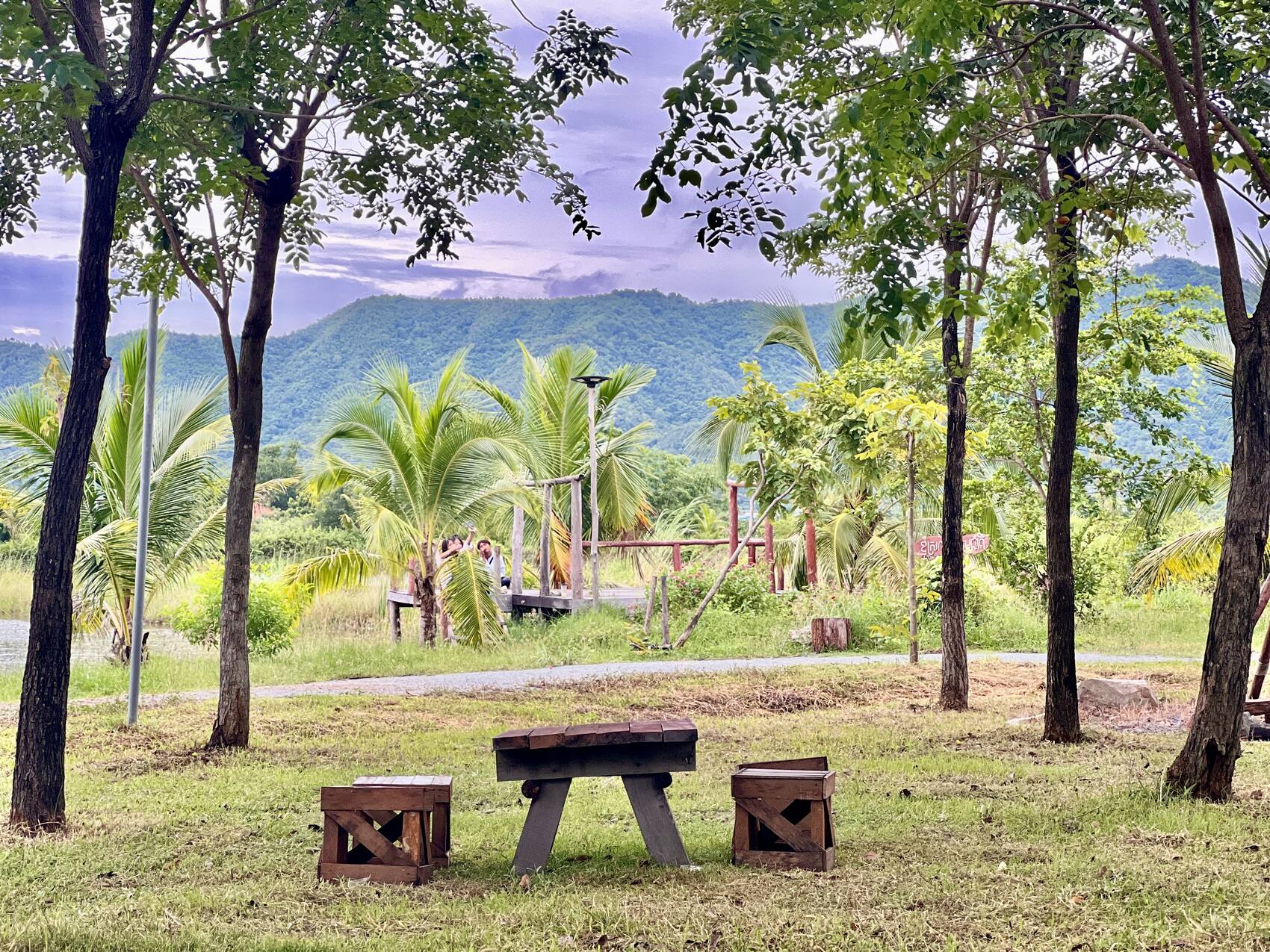 The Morodok Basedth grounds at dusk, palm trees against the Basedth mountains